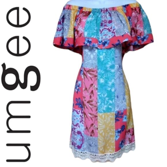 UMGEE | PATCHWORK PAISLEY COLORFUL BOHO BEACHY  OFF THE SHOULDER STRAPLESS DRESS - Picture 1 of 16